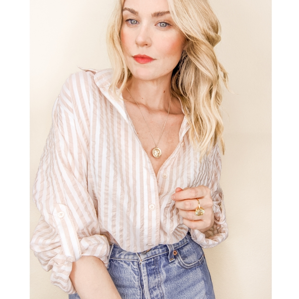 Vintage Lightweight White & Beige Oversized Blouse